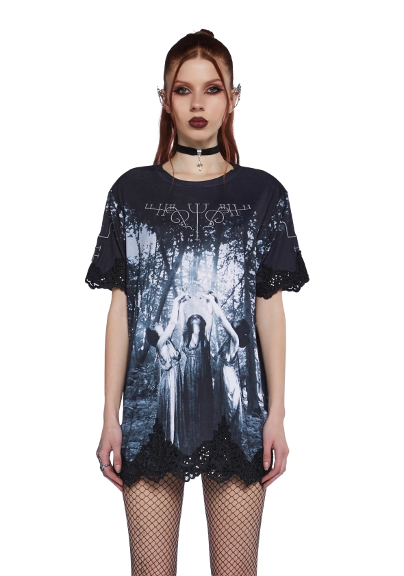 Widow Goth Witch Forest Sequin Lace Shirt Dress - Black