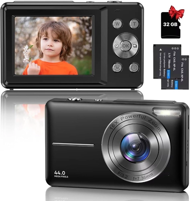 Appareil Photo Numérique Compact - 1080P HD 44MP Caméra avec Carte 32Go, 2,4" LCD Rechargeables avec 16X Digital Zoom pour Enfant, Adolescent, Étudiant, Adulte, Débutant (Noir)