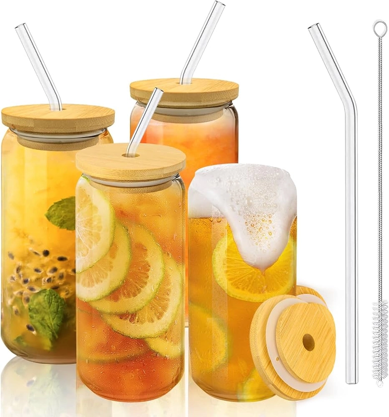 Lot de 4 Verre Canette, 500ml Verre Bubble Tea avec Couvercle et Paille, Réutilisables Verre Cocktail Paille a Cafe, Verre Biere Gobelet Smoothie en Forme de Canette, Cadeau de Camping