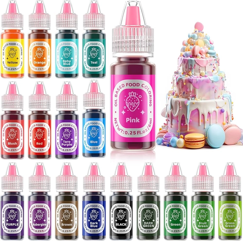 Oil Based Food Coloring for Chocolate 18 Color - Food Color for Valentine's Day Cake Decorating Candy Melts Food Dye for Oil Frosting Icing Dye for Baking Cookie Fondant Meringues, 0.25 Fl. Oz/Bottles