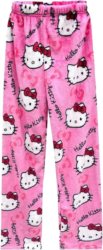 Cartoon Cat Pajama Pants Hellow Cat Indoor Pants for Women Girls Cute Cat Flannel Comfy Sleep Bottoms