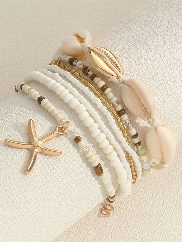 7 Bracelets En Perles De Style Bohème Avec Coquillage, Perles Et Pendentifs Étoile De Mer Pour Femmes (les Couleurs Des Perles Sont Assorties Au Hasard)
