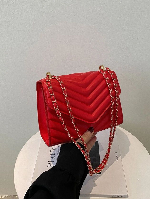 Mini Chevron Quilted Flap Chain Square Bag: Red