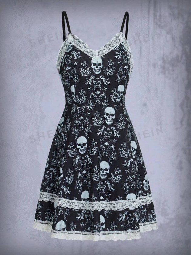 ROMWE Goth Vestido de tirantes estampado de cráneo con encaje en contraste