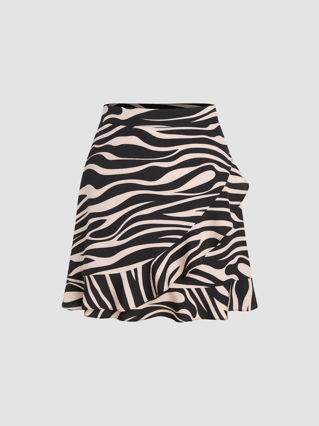 Mid Waist Zebra Stripe Ruffle Hem Mini Skirt