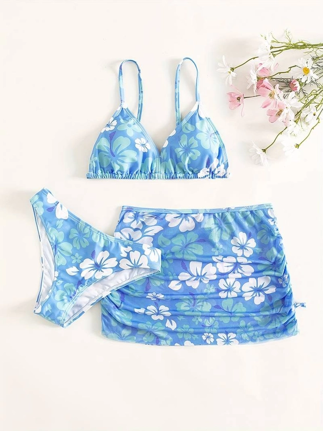 Blue Flowers Print Bathing Suit Girls V neck Bikini Set + - Temu United Kingdom