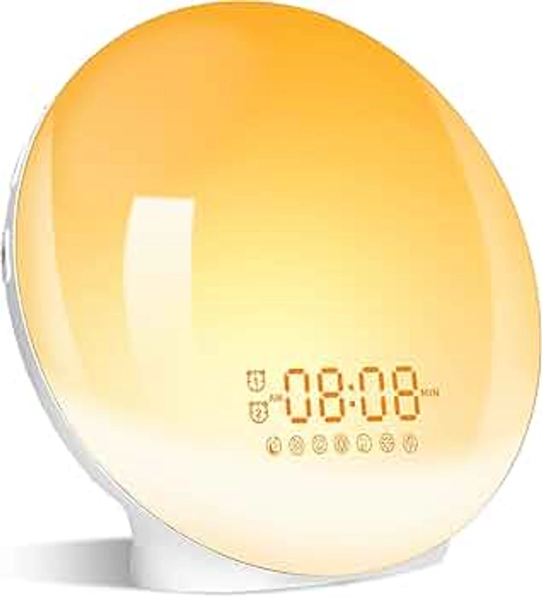 Eveil Lumière LED Radio Réveil Matin Lumineux Lampe de Chevet 20 Niveaux de Luminosité Simulateur d'Aube et Crépuscule 2 Réveils 7 Sons Naturels Fonction Snooze Veilleuse Enfant 11 Couleurs (Jaune)