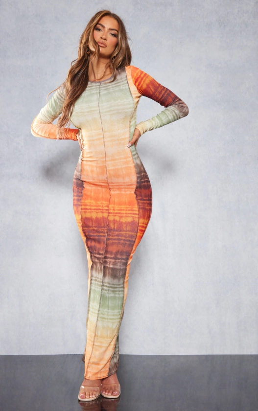Multi Blurred Overlock Long Sleeve Maxi Dress