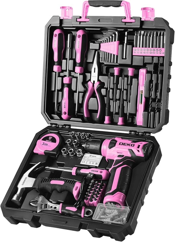 DEKO Caisse a Outil Rose Avec Perceuse Visseuse Multifonction Sans Fil 8V, 126 Pièces Malette Outils complete, Ensemble d'Outils avec Perceusepour Réparation, Entretien et Travail