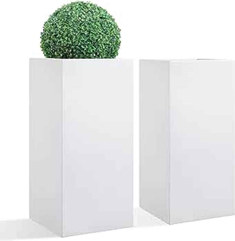Metallic Heavy Tall Outdoor/Indoor Planter Box, Rectangular, 14”Lx14”Wx30”H, ‎35 Pounds, Pure White, Set of 2