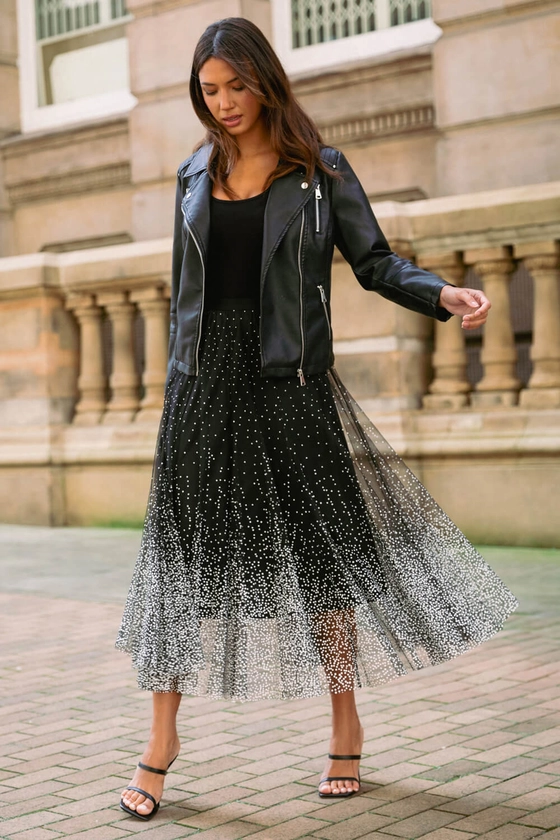 Black Polka Dot Print Elasticated Mesh Skirt | Roman UK