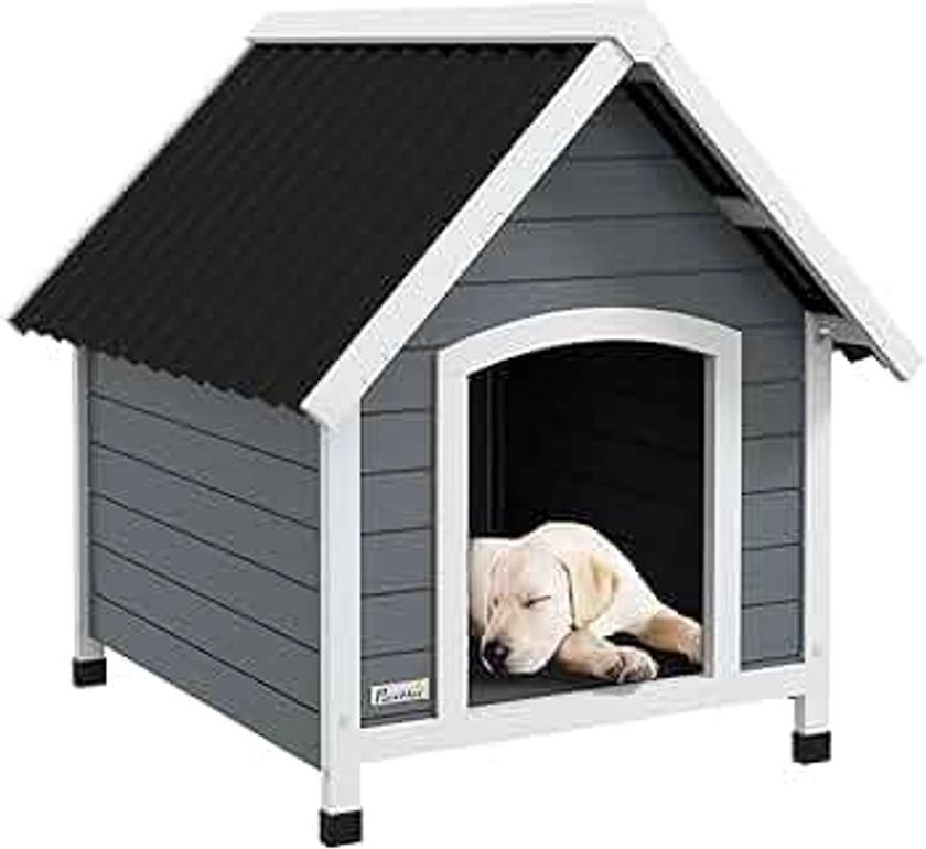 PawHut Wooden Dog House Outdoor, Dog Kennel with Removable Floor, Elevated Pet Shelter, Anti-Corrosion Wood, for Small Medium Dogs, 82H x 75W x 88Dcm - Grey