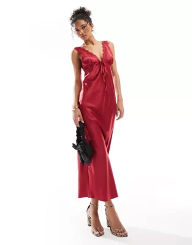 Miss Selfridge satin lace trim maxi dress in wine red | ASOS