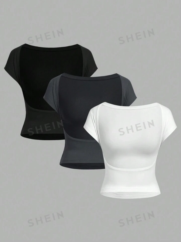 SHEIN EZwear T-Shirt coupe cintrée pour femmes, 3 pièces, décontracté et Simple, avec dos ouvert, adapté pour l'été, noir/blanc/gris