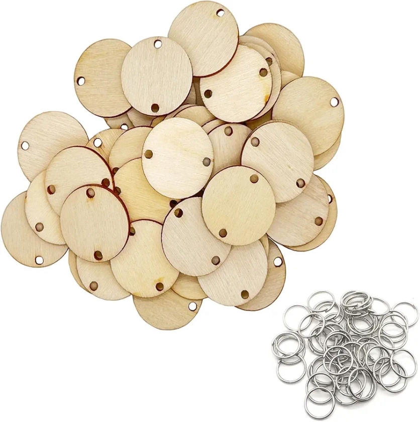 50 Pieces Wooden Circles Tags 1.2 inch with Holes and 50 Pieces 10 mm Rings