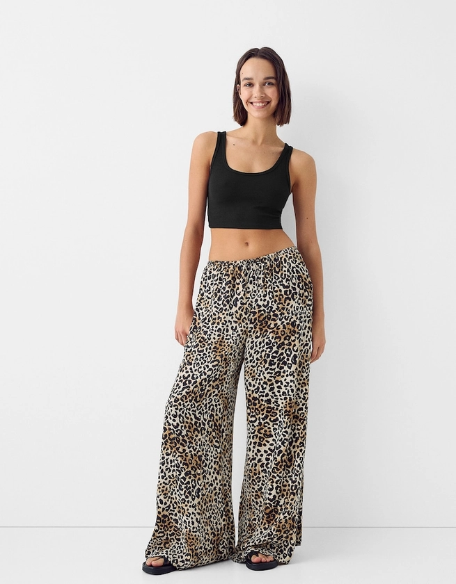 Pantalon wide leg satin imprimé animal - Femme