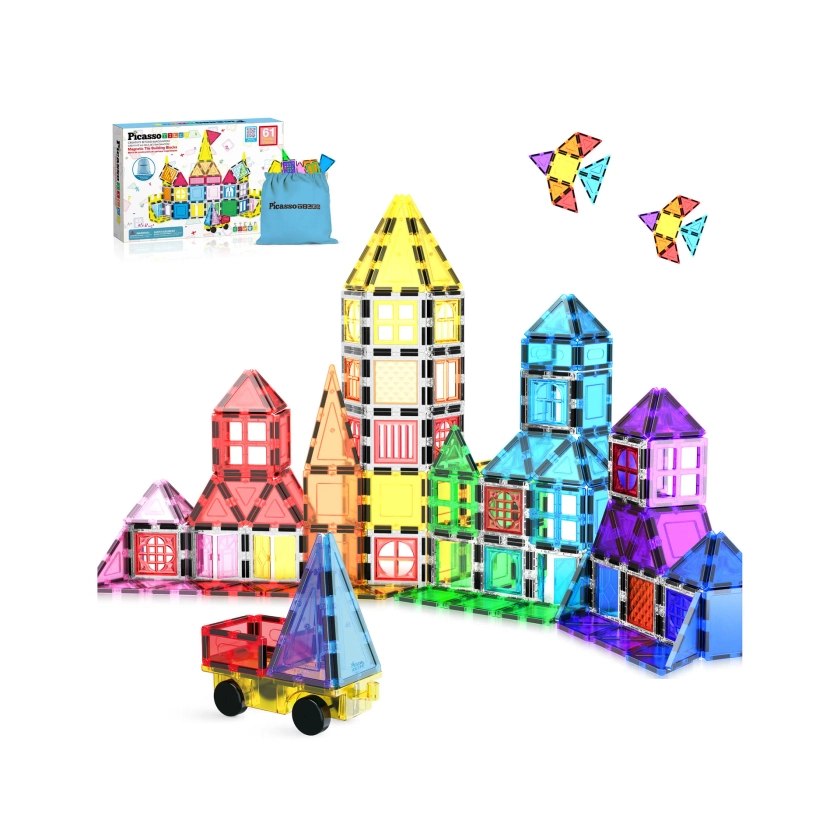 PicassoTiles Magnetic Tiles Building Set with Windows and Doors - 61 Pieces