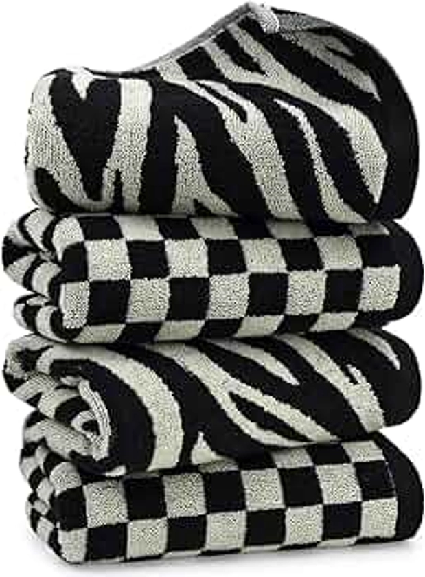 Jacquotha Bathroom Hand Towels 2 Style 4 Pack - Black Hand Towel Checkered and Zebra, Cotton