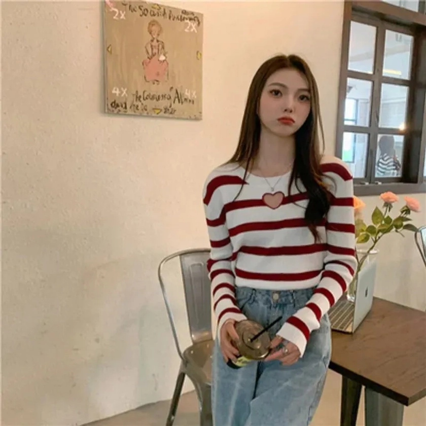 Heart Hollow Out Striped Slim Sweater