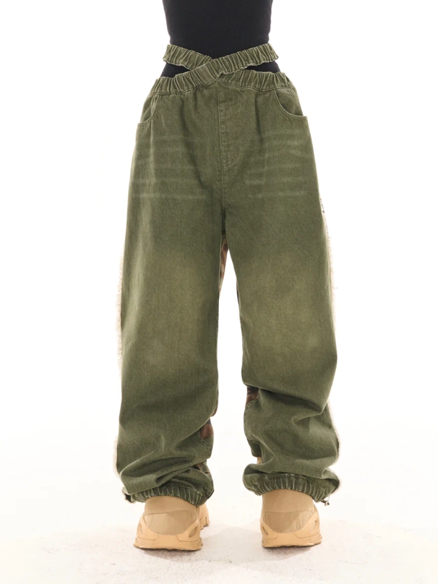 Ron Patchwork Half Denim Green Half Army Green Camouflage Straight Leg High Waist Band Baggy Jeans Pants