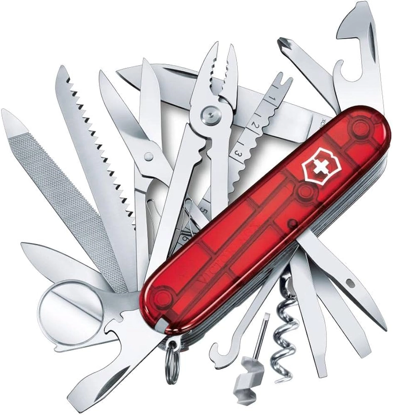 Victorinox Swiss Champ Swiss Pocket Knife, Lightweight, Multifunctional Knife, 33 Functions, Blade, Scissors, Corkscrew, Transparent Red