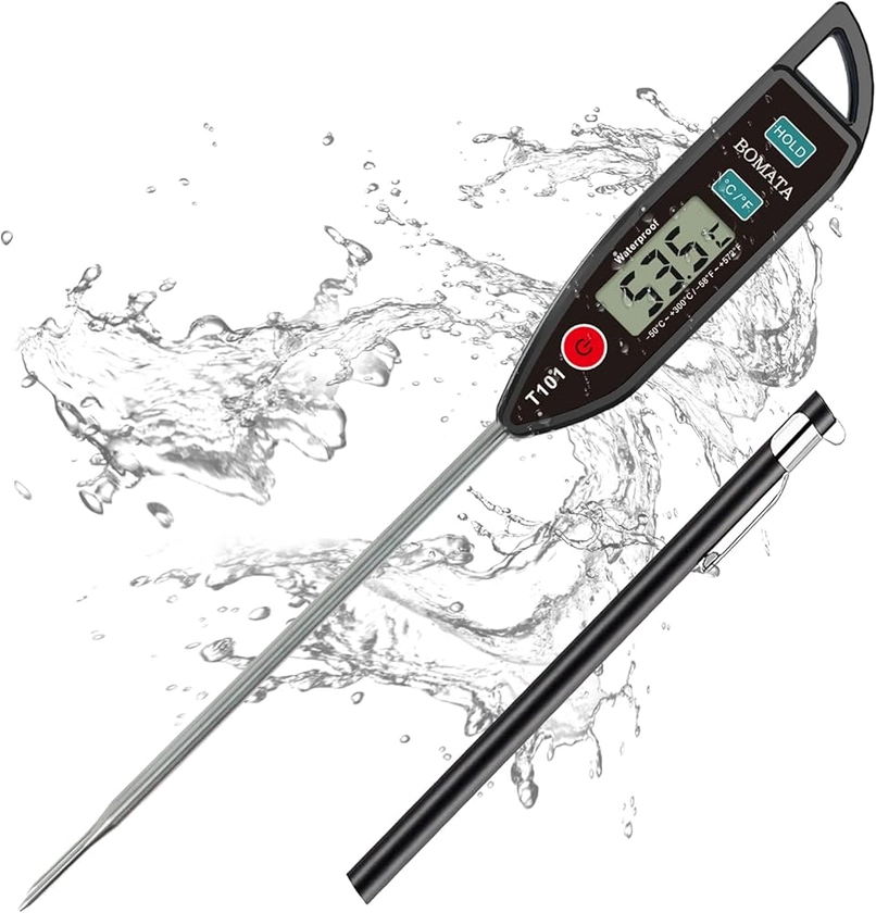 BOMATA Waterproof IPX7 Thermometer for Water, Liquid, Candle and Cooking. Instant Read Food Thermometer with Long Probe for Cooking, Meat, BBQ! T101 Black…