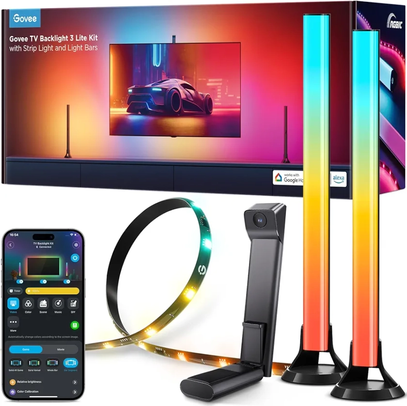 Amazon.com: Govee TV Backlight 3 Lite Kit, 11.8ft RGBICW Wi-Fi TV LED Strip Lights for 55-65in TVs with Camera and 15 Inches Smart Light Bars with 4-in-1 Light Beads - Works with Alexa & Google Home : Tools & Home Improvement