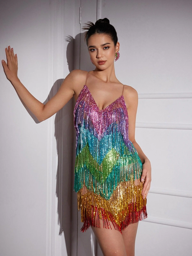 Indy V Neck Rainbow Crystal Fringe Mini Dress