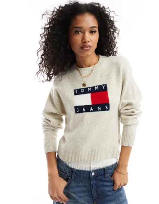 Tommy Jeans flag jumper in off white melange | ASOS