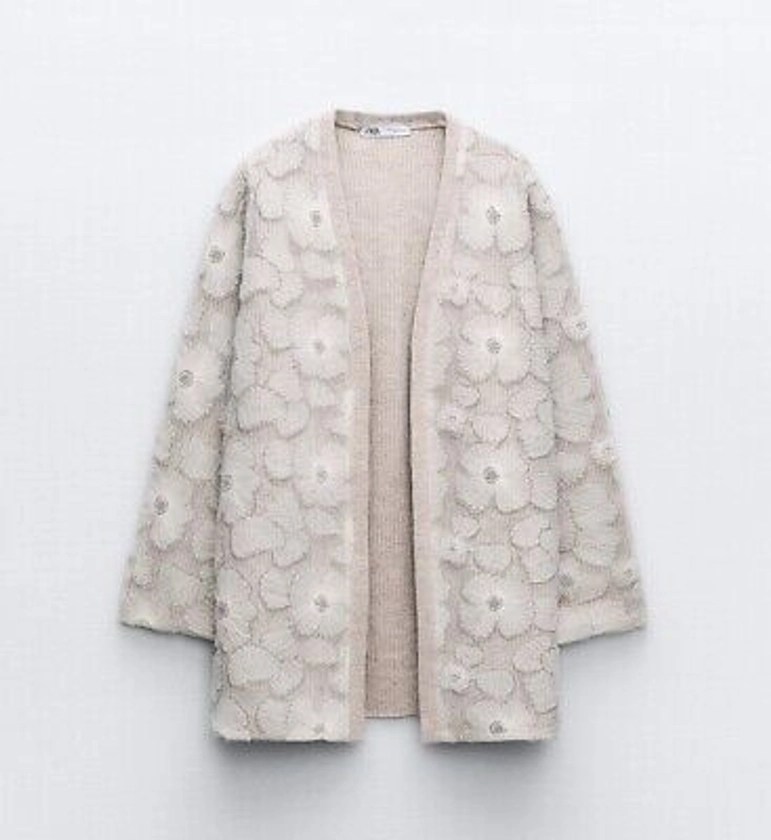 ZARA NEW WOMAN CONTRAST FAUX PEARL KNIT COAT FLORAL BEIGE S 3920/148 | eBay