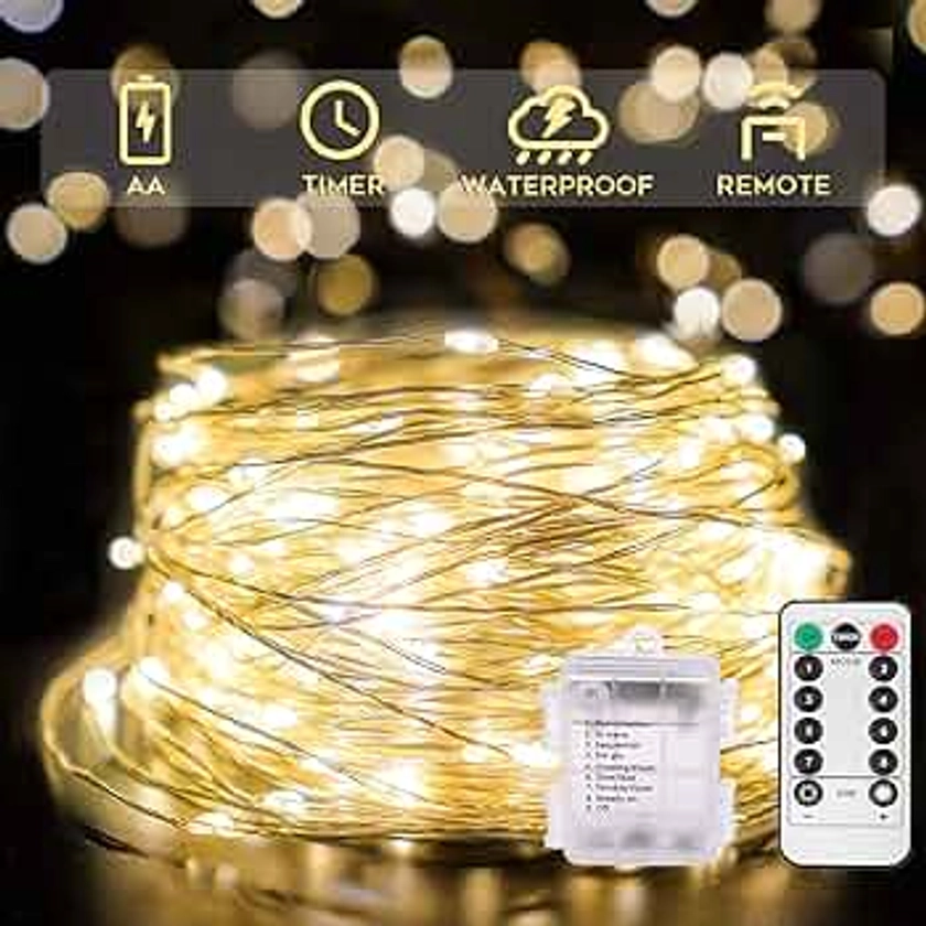 33ft 100 LED Outdoor String Lights, Warm White Fairy Lights Battery Operated with Remote, Led Twinkle Lights for Bedroom, Dorm, Backyard, Wedding, Tree, Mason Jar, Wall, Christmas