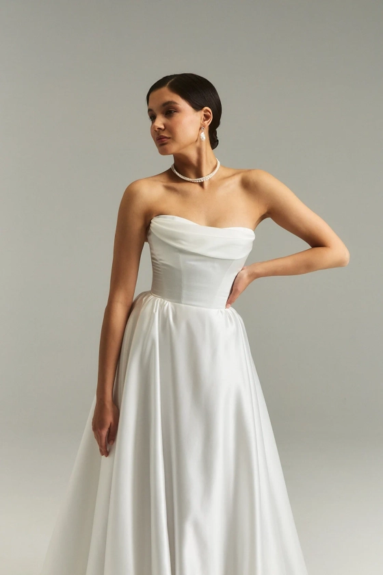 Vintage wedding dress Bella, off-the-shoulder wedding dress, a-line satin wedding dress| Bella