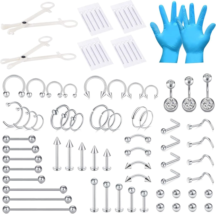 JIESIBAO 66-113pcs Mixed Piercing Kit,Piercing Kits for All Piercings Stainless Steel 14G 16G 18G 20G Nose Septum Cartilage Tragus Earrings Belly Nipple Tongue Lip Ring