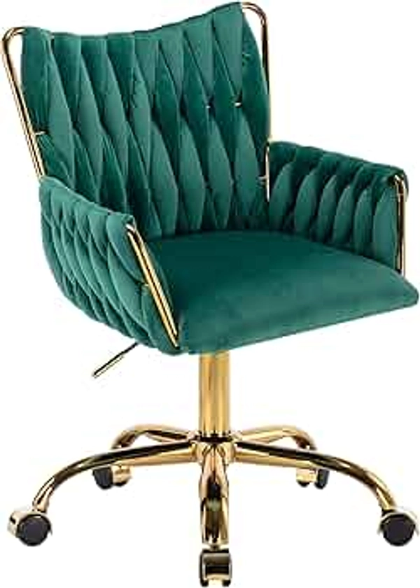 Westice Home Office Desk Chair, Comfy Velvet Hand Woven Desk Chair with Backrest, Height Adjustable Swivel Rolling Chair with Gold Base Comfy Makeup Vanity Chair for Living Room Bedroom, Green