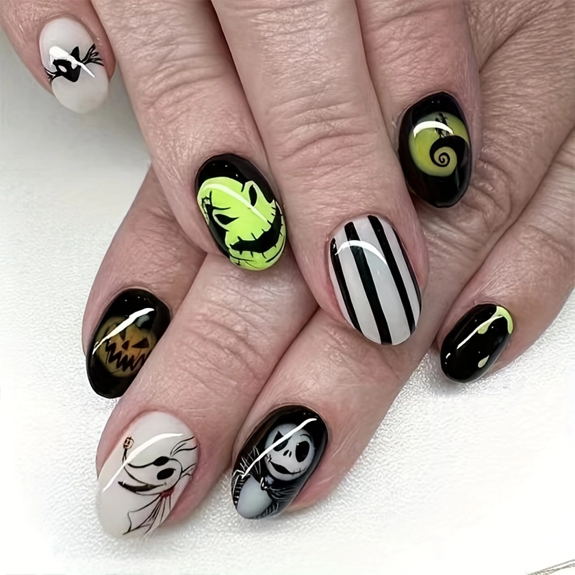 24-Piece Halloween Press-On Nails Set - Short Oval, Glossy Finish With Spooky Skulls, Bats & Stripes Design - Perfect For Women And Girls Halloween Na