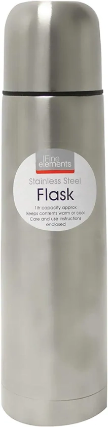 Fine Elements Fine Elements 1.0 Litre Vacuum Flask Set Steel with Push Button Pourer, Silver