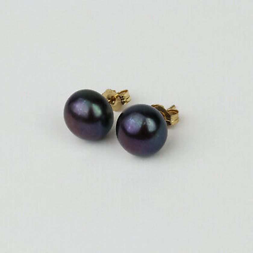 14k Yellow Gold, Black Cultured "Button Pearl" Women's Stud Earrings