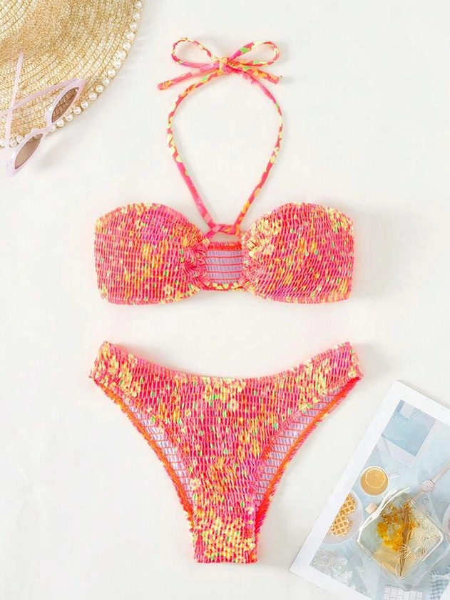 SHEIN Swim Mod Ditsy Floral Print Smocked Halter Bikini Swimsuit