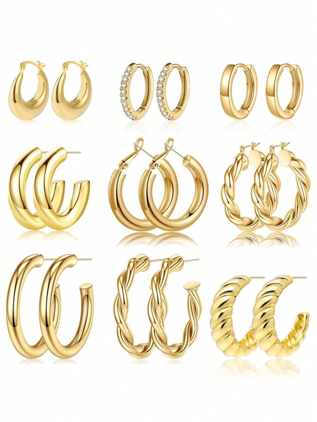 Xiacheng 9 Pairs Chunky Gold Hoop Earrings Set For Women 14K Gold Plated Hypoallergenic Thick Open Huggie Hoop Set Jewelry For Gifts