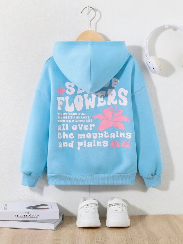SHEIN Tween Girls' Casual Knitted Hoodie With Back Pattern & Slogan Print For Autumn And Winter