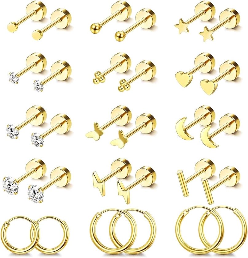 Jstyle Hypoallergenic Surgical Steel Earrings for Sensitive Ears 14K Gold Flat Back Stud Earrings for Women Men Small Stainless Steel Stud Hoop Screw Back Cartilage Earring Set for Multiple Piercing