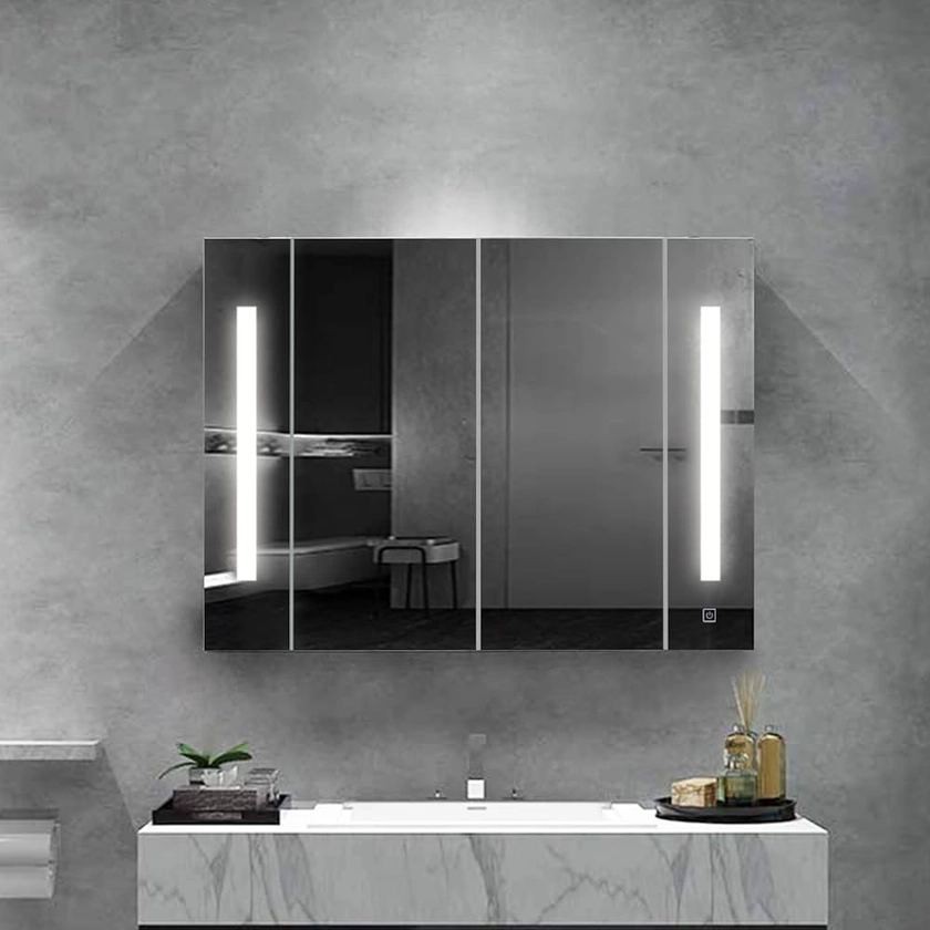 OFCASA 2 Doors Bathroom Mirror Cabinet with LED Lights Wall Mounted Bathroom Cabinet with Adjustable Storage Shelves Sensor Touch Mirror Cabinet for Bathroom Room 80 x 60 x 15cm