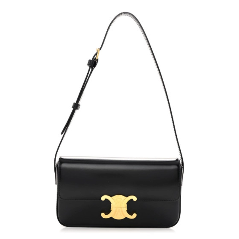 CELINE Shiny Calfskin Triomphe Shoulder Bag Black | FASHIONPHILE