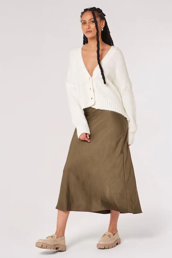 Apricot Khaki Green Satin Bias Cut Maxi Skirt