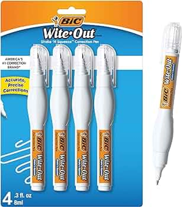 BIC Wite-Out Brand Shake 'n Squeeze Correction Pen, 8 ML Correction Fluid, 4-Count Pack of white Correction Pens, Fast, Clean and Easy to Use Office or School Supplies