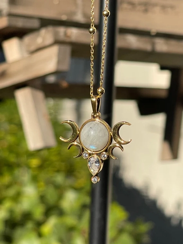 FIVE MOONS MOONSTONE, Phases, Hecate&#39;s Symbol Goddess Sterling Silver 925K Handcrafted Witchy Necklace with beaded chain.Hecate sign