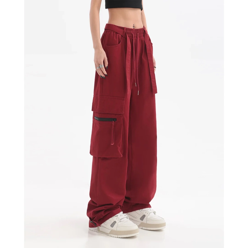 Giana Solid Color Red Multi-Pocket Straight Leg High Waist Cargo Pants