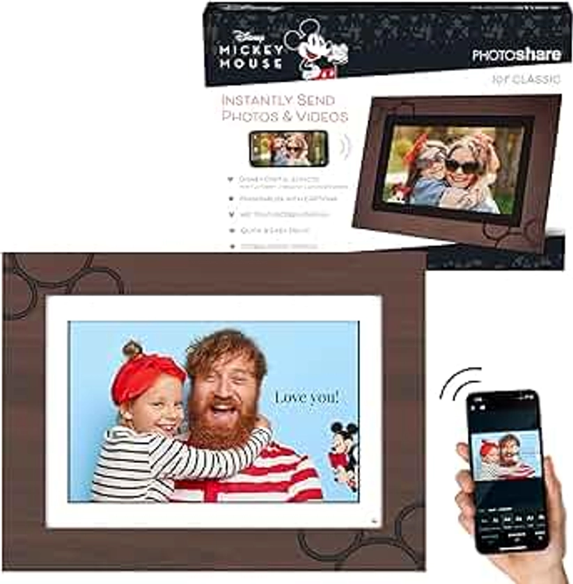 Disney Classic PhotoShare Friends and Family 10” Smart Digital Photo Frame, Send Pics from Phone to Frames, Wi-Fi, 8 GB, Holds 5,000+ Pics, 1280x800 HD Touch Panel, Premium Espresso Engraved Wood