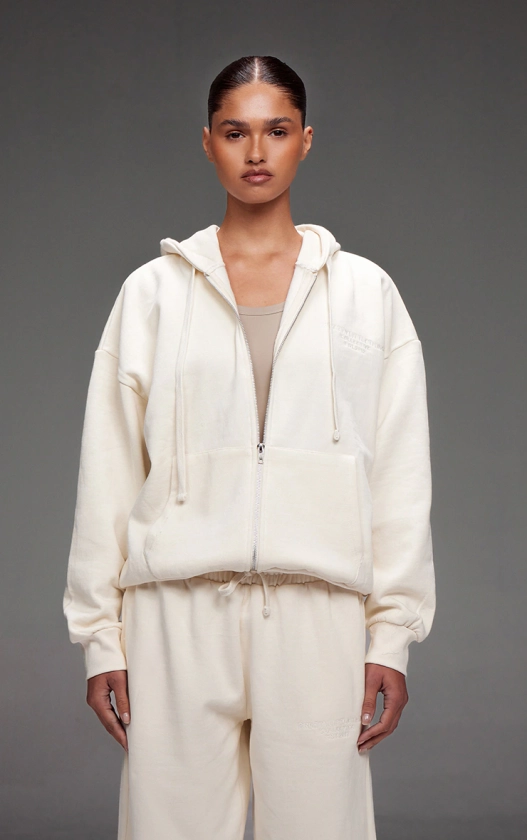 Plt Cream Embroidered Zip Front Oversized Hoodie