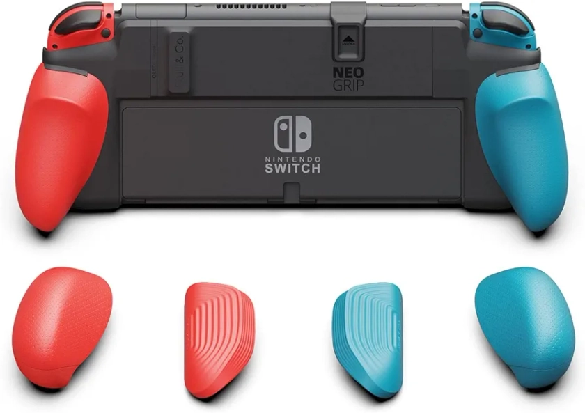 Skull & Co. NeoGrip for Nintendo Switch OLED and Regular Model: An Ergonomic Grip Hard Shell with Replaceable Grips [to fit All Hands Sizes] [No Carrying Case] - Neon Blue(L)+Neon Red(R)